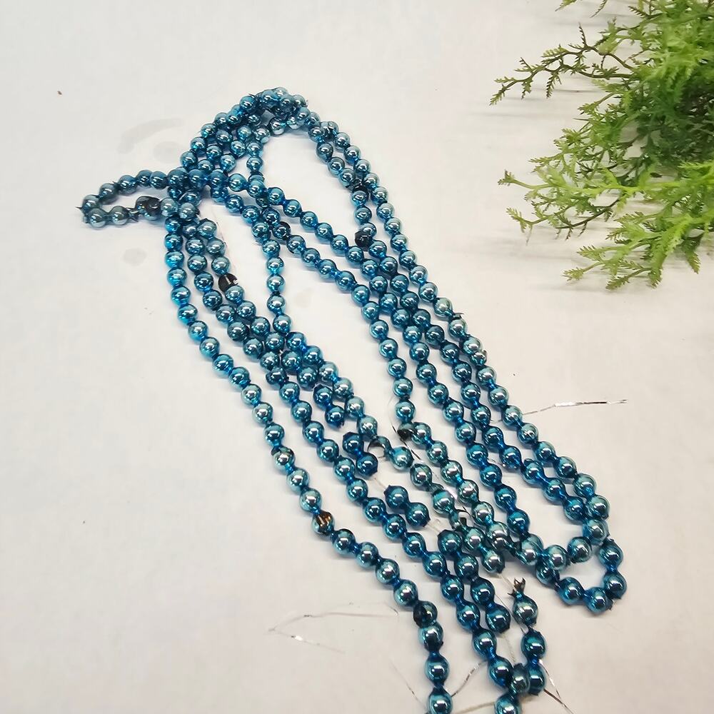 Vintage Double Bead Blue Mercury Glass Christmas Tree Garland 88" Blue